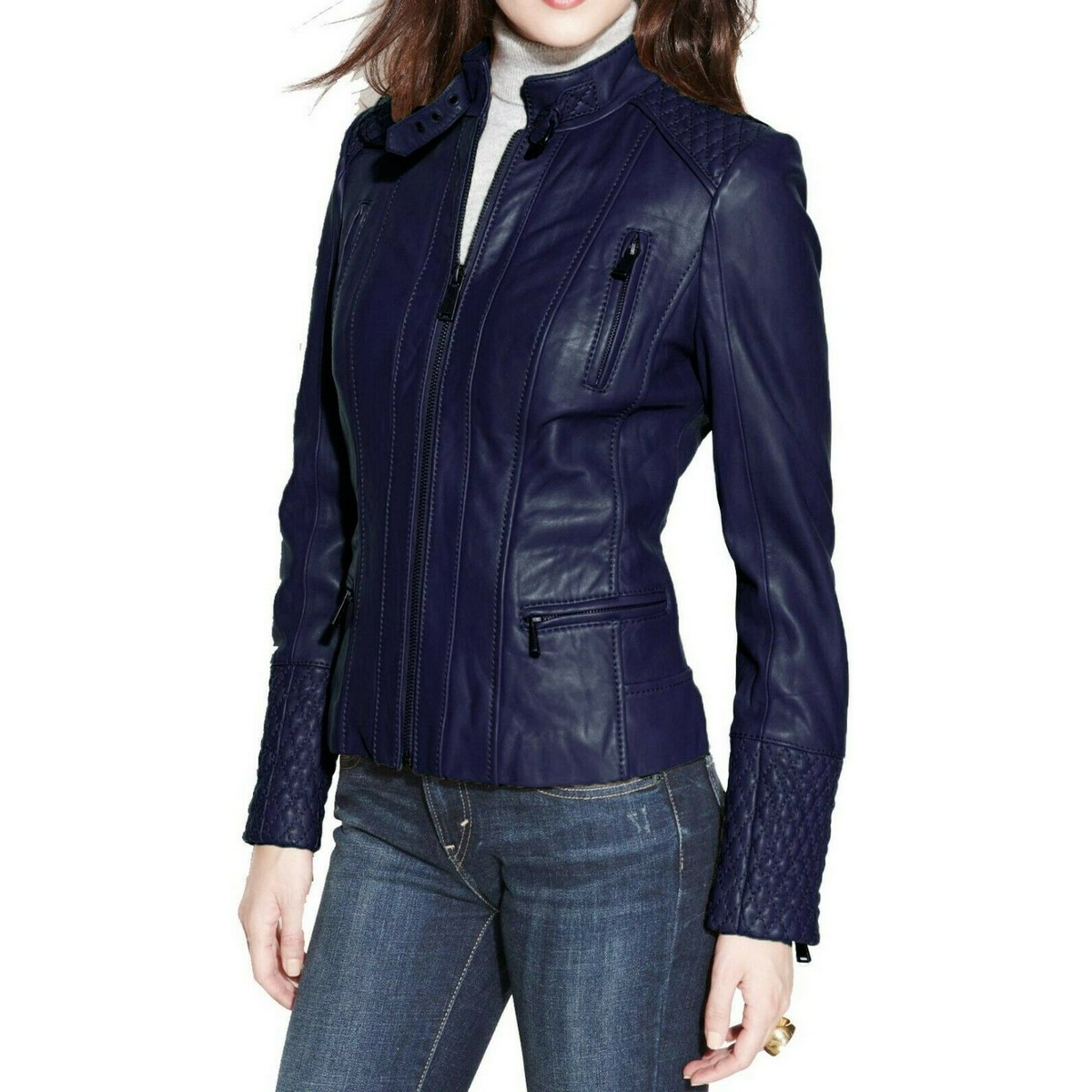 Dark Blue Leather Jacket for Women