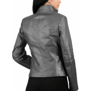 Women's Genuine Lambskin Leather Jacket Motorcycle Biker Leather Gray Jacket - Image 2