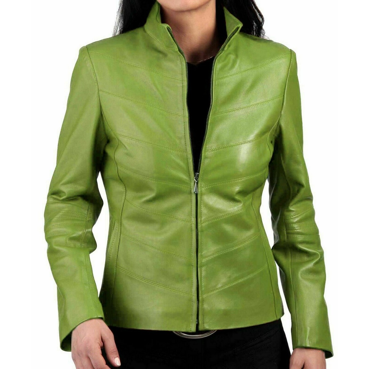 Biker Lime Green Leather Jacket for Women