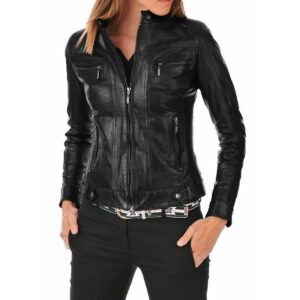 Motorcycle Black Leather Jacket for Women