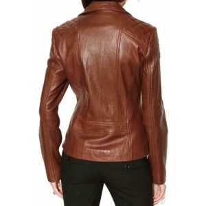 Women's Tan Lambskin Genuine Leather Motorcycle Jacket - Image 2