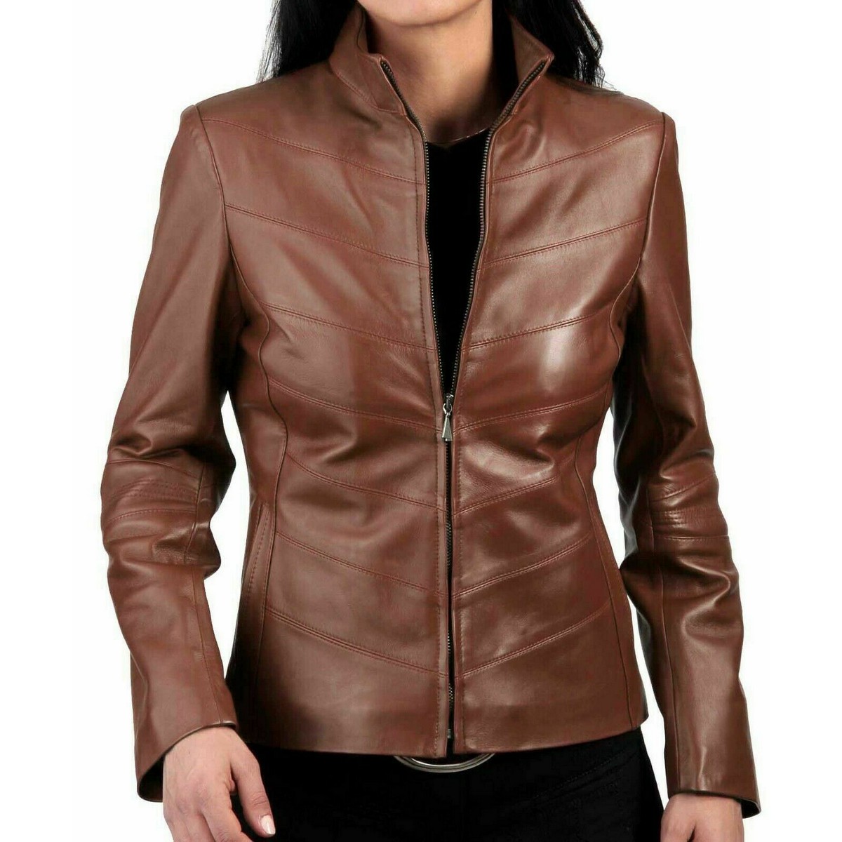 Biker Brown Leather Jacket for Women