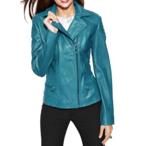 Motorcycle Turquoise Blue Leather Jacket for Women