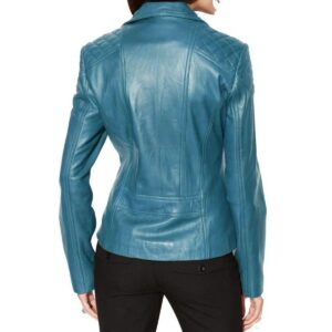 Women's Turquoise Blue Lambskin Genuine Leather Motorcycle Jacket - Image 2