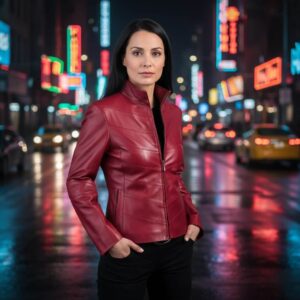 Zafy Genuine Dark Red Biker Leather Jacket for Women - Image 1