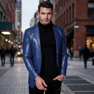 Luxury Blue Leather Blazer for Men