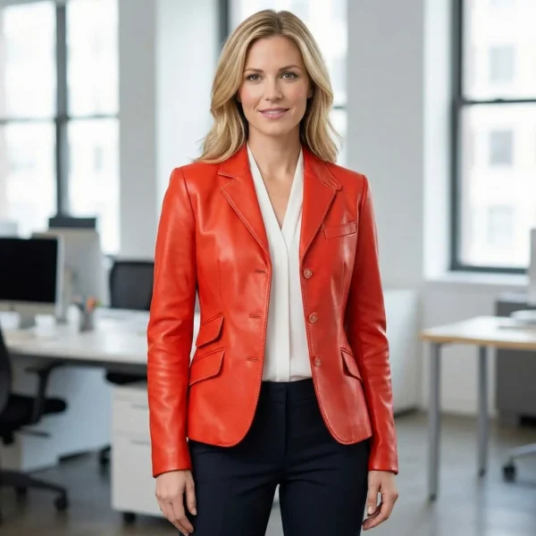 Red Leather Blazer for Women