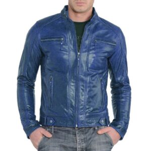 Men's Leather Jacket Real Lambskin Blue Leather Motorcycle Jacket - Image 1