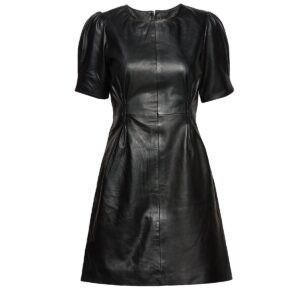Women's Black Leather Dress Genuine Real Lambskin Leather Dress Pleated Dress Skater Dress Black Mini Women Leather Dresses - Image 1