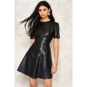 Women's Black Leather Dress 100% Real Pure Soft Lambskin Short Sleeve Leather Dress Paneled Leather Dress Skater Dress - Image 1