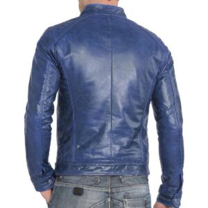 Men's Leather Jacket Real Lambskin Blue Leather Motorcycle Jacket - Image 2