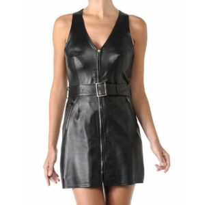 Women's Soft Genuine Lambskin Leather Dress Black Zippered Slit V Neck Cocktail Leather Dress Women Leather Dresses - Image 1