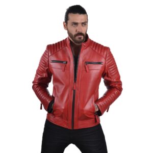 New Men's Red Genuine Real Lambskin Leather Jacket - Image 1