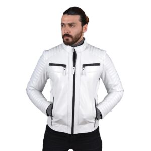 New Men's White Genuine Real Lambskin Leather Jacket - Image 2