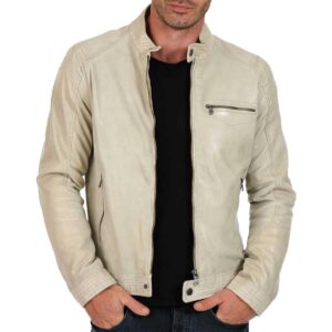 Men's Leather Jacket 100% Genuine Soft Real Off White Lambskin Leather Motorcycle Jacket - Image 1