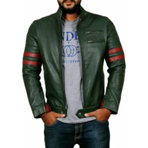 New Men's Green Genuine Lambskin 100% Real Leather Jacket Motorcycle Striped Jacket - Image 1