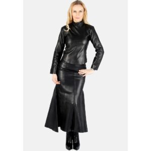 Women's Black Leather Dress High Quality Premium Lambskin Leather Top & Long Skirt Dress Set Women Leather Black Dress - Image 1