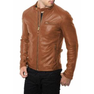 Men's Genuine Lambskin Tan Leather Jacket Biker Motorcycle Slim fit Soft Coat Jacket - Image 1