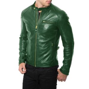 Men's Genuine Lambskin Green Leather Jacket Biker Motorcycle Slim fit Soft Coat Jacket - Image 1