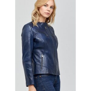 Leather Jacket For Women's Genuine Lambskin Leather Jacket Slim Fit Blue Coat Jacket - Image 3