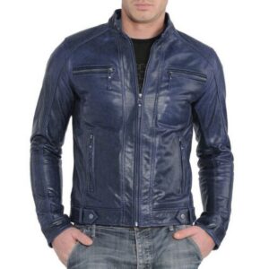 Men's Leather Jacket Real Lambskin Navy Blue Leather Motorcycle Jacket - Image 1