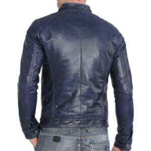 Men's Leather Jacket Real Lambskin Navy Blue Leather Motorcycle Jacket - Image 2