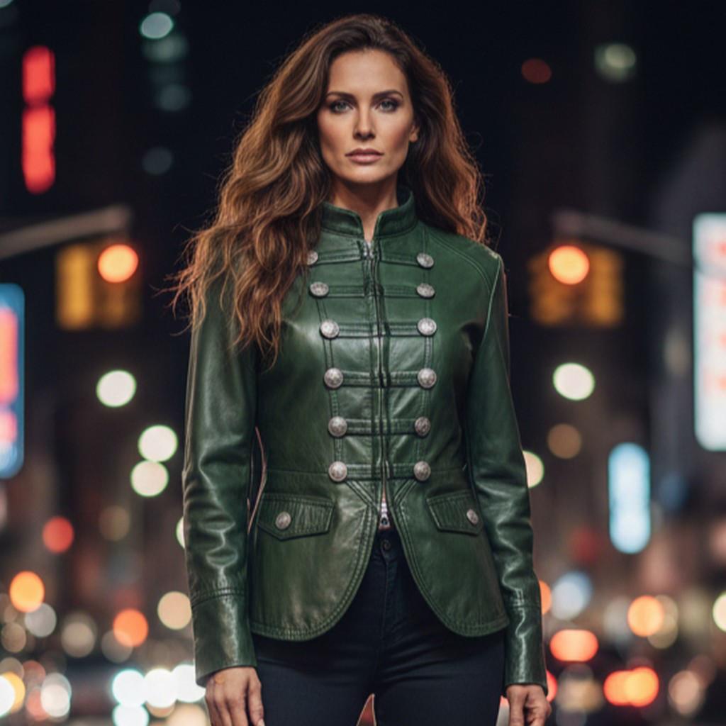 Military Stylish Green Leather Jacket For Women