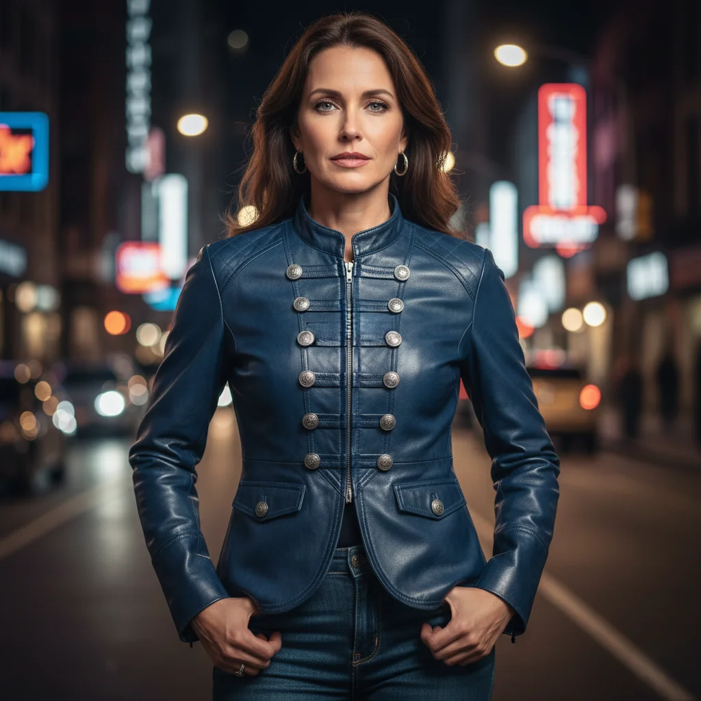 Military Style Blue Leather Jacket for Women