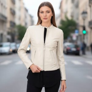 Zafy Authentic Luxury Off White Biker Leather Jacket for Women