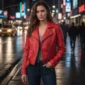 Red Belted Biker Leather Jacket For Women