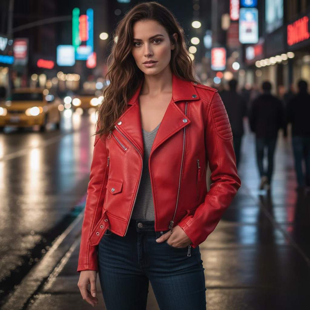 Red Belted Biker Leather Jacket For Women