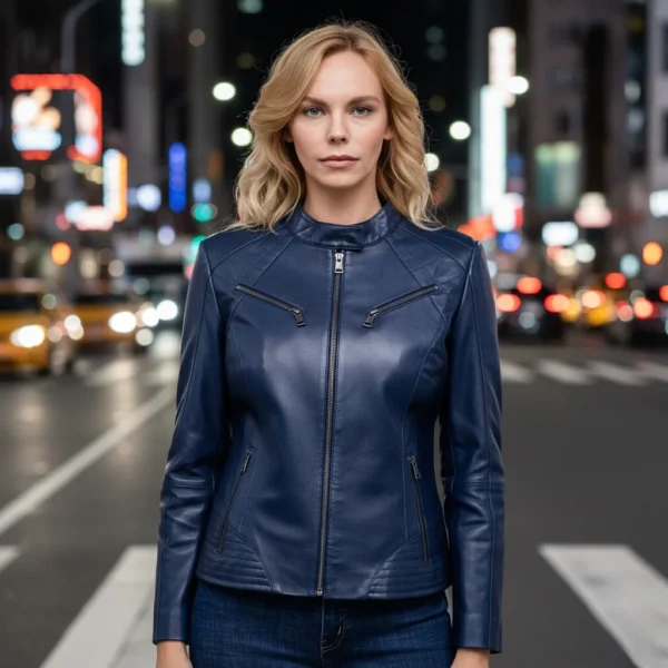 Slim Fit Blue Leather Jacket for Women Slim Fit Blue Leather Jacket for Women