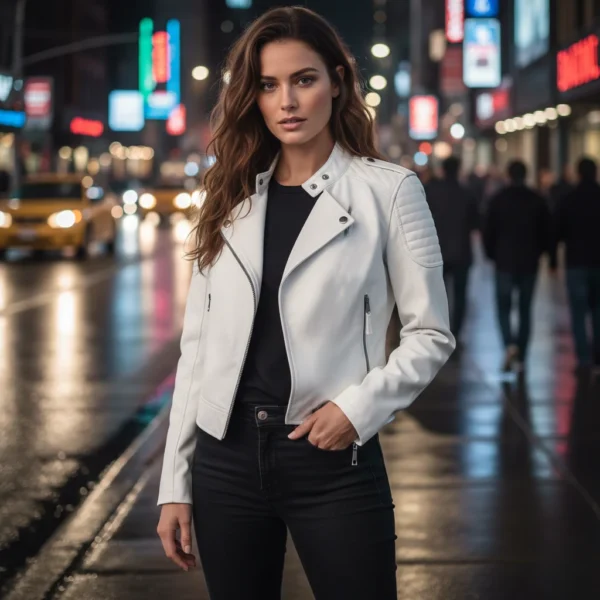 Slim Fit Designer White Biker Leather Jacket for Women Slim Fit Designer White Biker Leather Jacket for Women