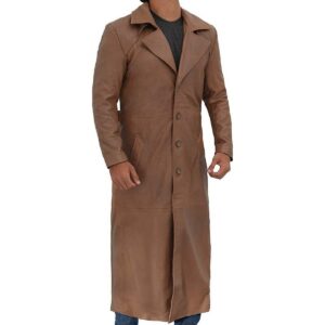 Men's Brown Vintage Leather Trench Long Coat Premium High Quality Lambskin Full Lenght Coat Men's Leather Coat - Image 2