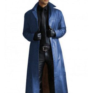 Men's Blue Leather Full Lenght Trench Coat 100% Pure Sheepskin Fashionable Long Over Coat - Image 1