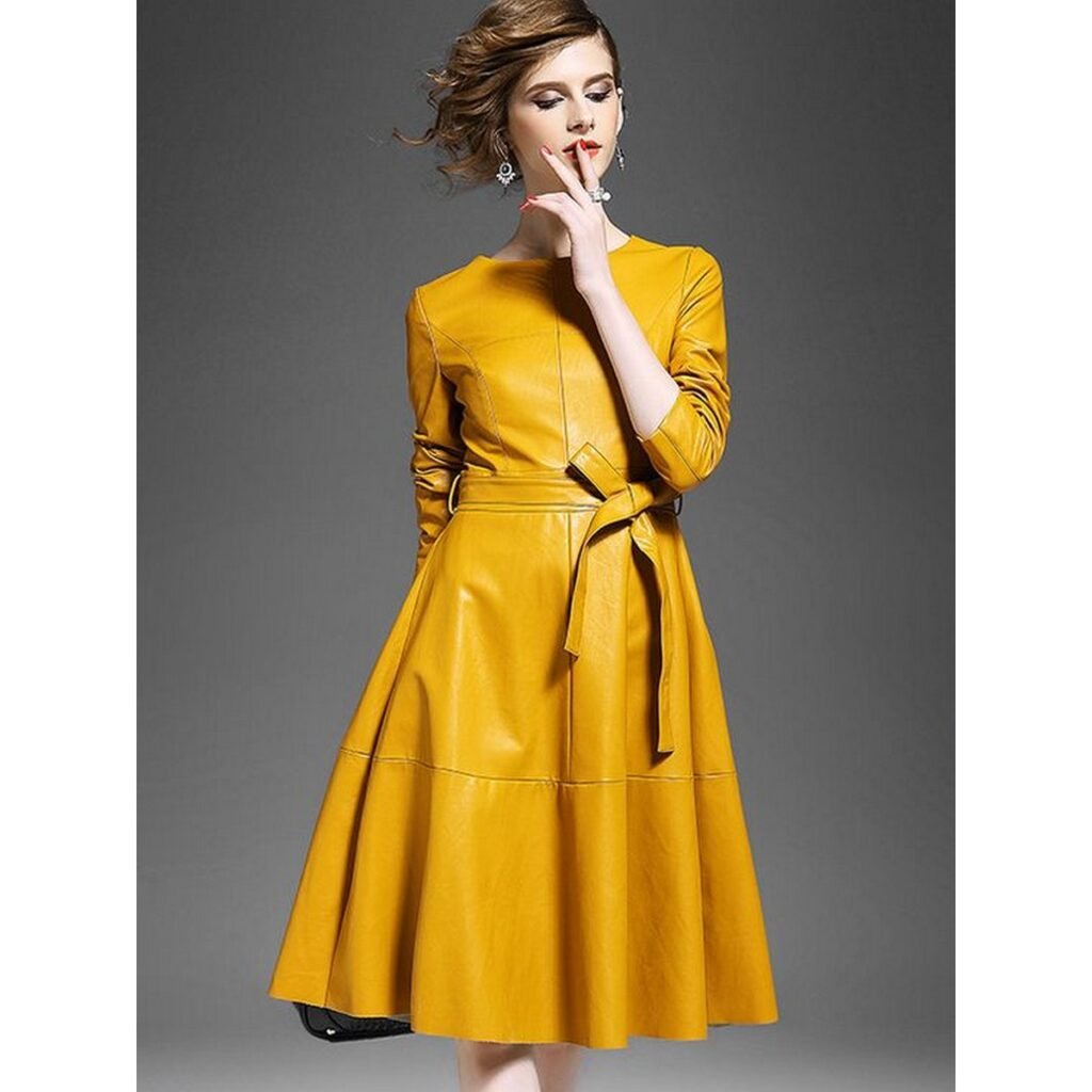 yellow leather dress Miss Circle Women Valentina Butter Boned Curve Edge Peplum Mini 57 Model is wearing size small OSCAR DE LA RENTA |