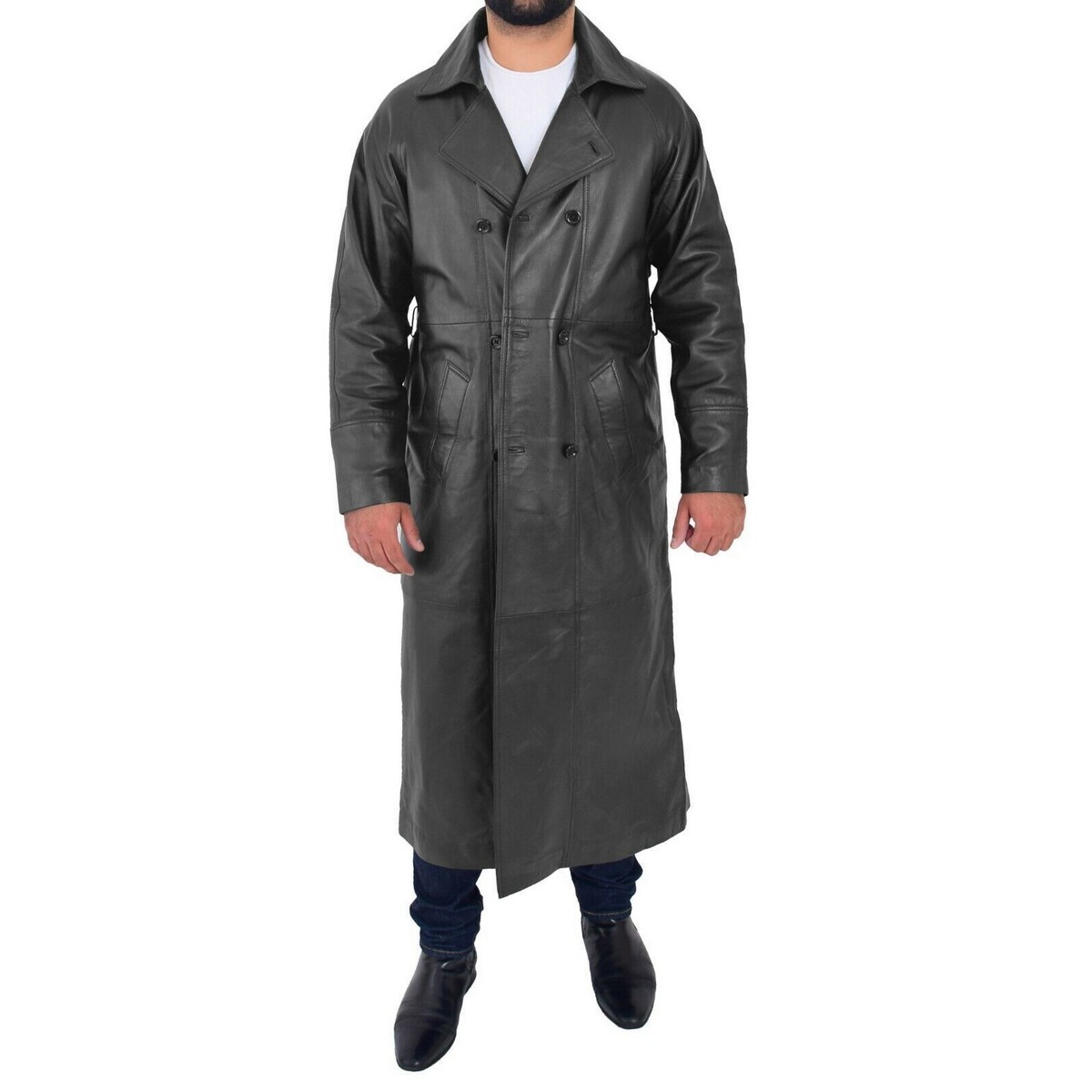 Men's Black Full Length Leather Trench Coat Double Breasted Long Over ...