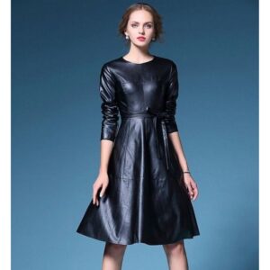 Women's Black Dress Pure Soft Sheepskin Leather Dress Celebrity Dress Ladies Dress Women Leather Dress - Image 2