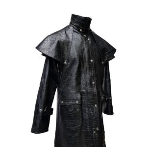 Men's Black Crocodile Lambskin Leather Steampunk Trench Matrix Long Coat Men Leather Long Coat - Image 2