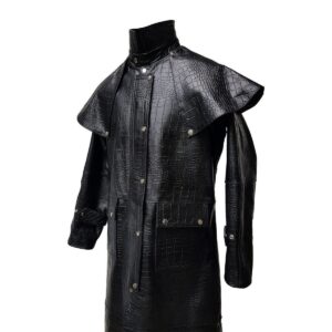 Men's Black Crocodile Lambskin Leather Steampunk Trench Matrix Long Coat Men Leather Long Coat - Image 3