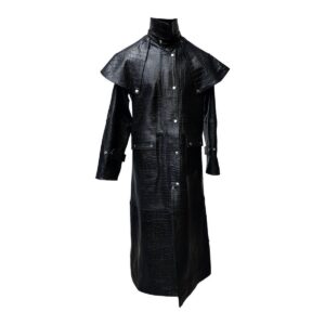 Men's Black Crocodile Lambskin Leather Steampunk Trench Matrix Long Coat Men Leather Long Coat - Image 1