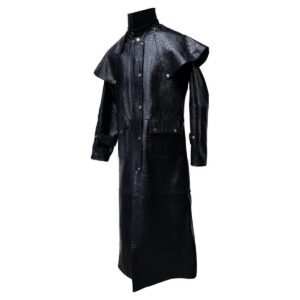 Men's Black Crocodile Lambskin Leather Steampunk Trench Matrix Long Coat Men Leather Long Coat - Image 6