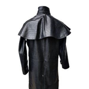 Men's Black Crocodile Lambskin Leather Steampunk Trench Matrix Long Coat Men Leather Long Coat - Image 7