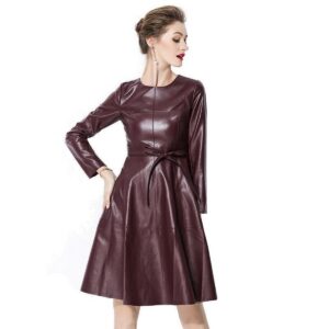 Women's Burgundy Leather Dress High Quality Lambskin Leather Dress Designer Dress Women Leather Dress - Image 1