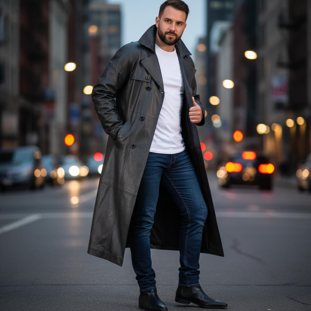 Black Full Length Double Breasted Leather Trench Coat for Men