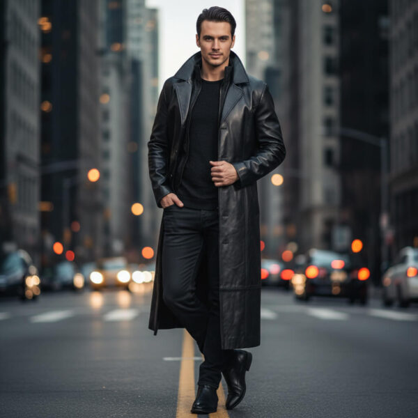 Black Leather Trench Coat for Men