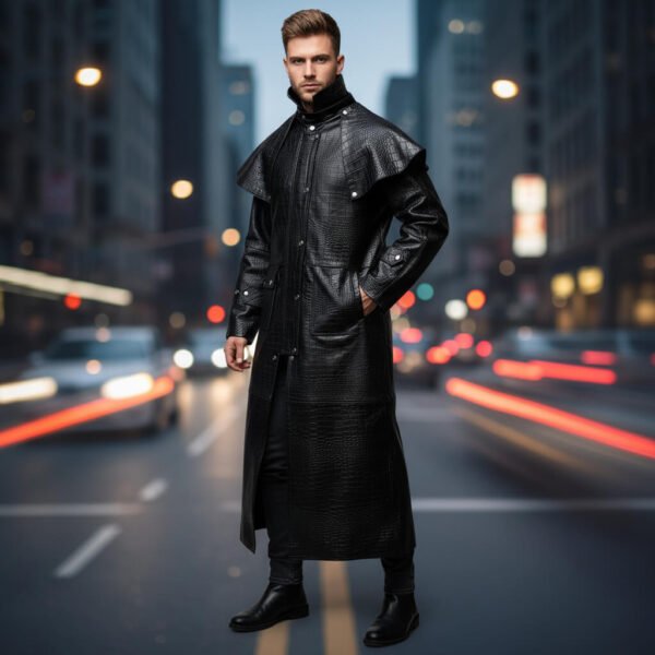 Black Leather Trench Coat for Men - Crocodile Steampunk Matrix