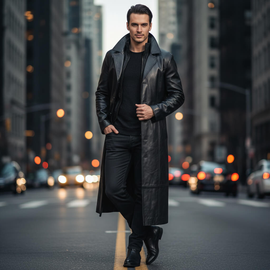 Black Leather Trench Coat for Men