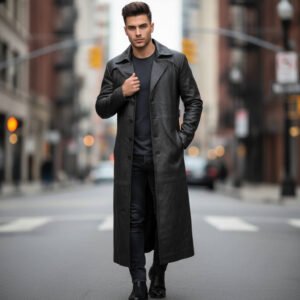 Men's Black Leather Full Lenght Coat Pure Soft Sheepskin Leather Long Trench Coat Men Leather Coat - Image 1