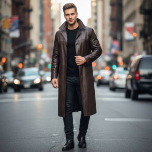 Genuine Handmade Men's Brown Lambskin Leather Trench Coat Fashionable Over Coat Men Full Lenght Coat - Image 1